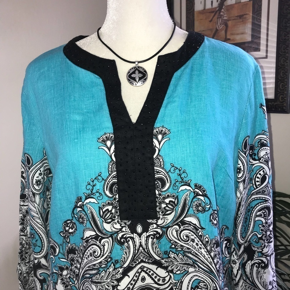 JM Collection Linen 3/4 Drawstring Sleeve Tunic Top M Blue Black White - Picture 2 of 7